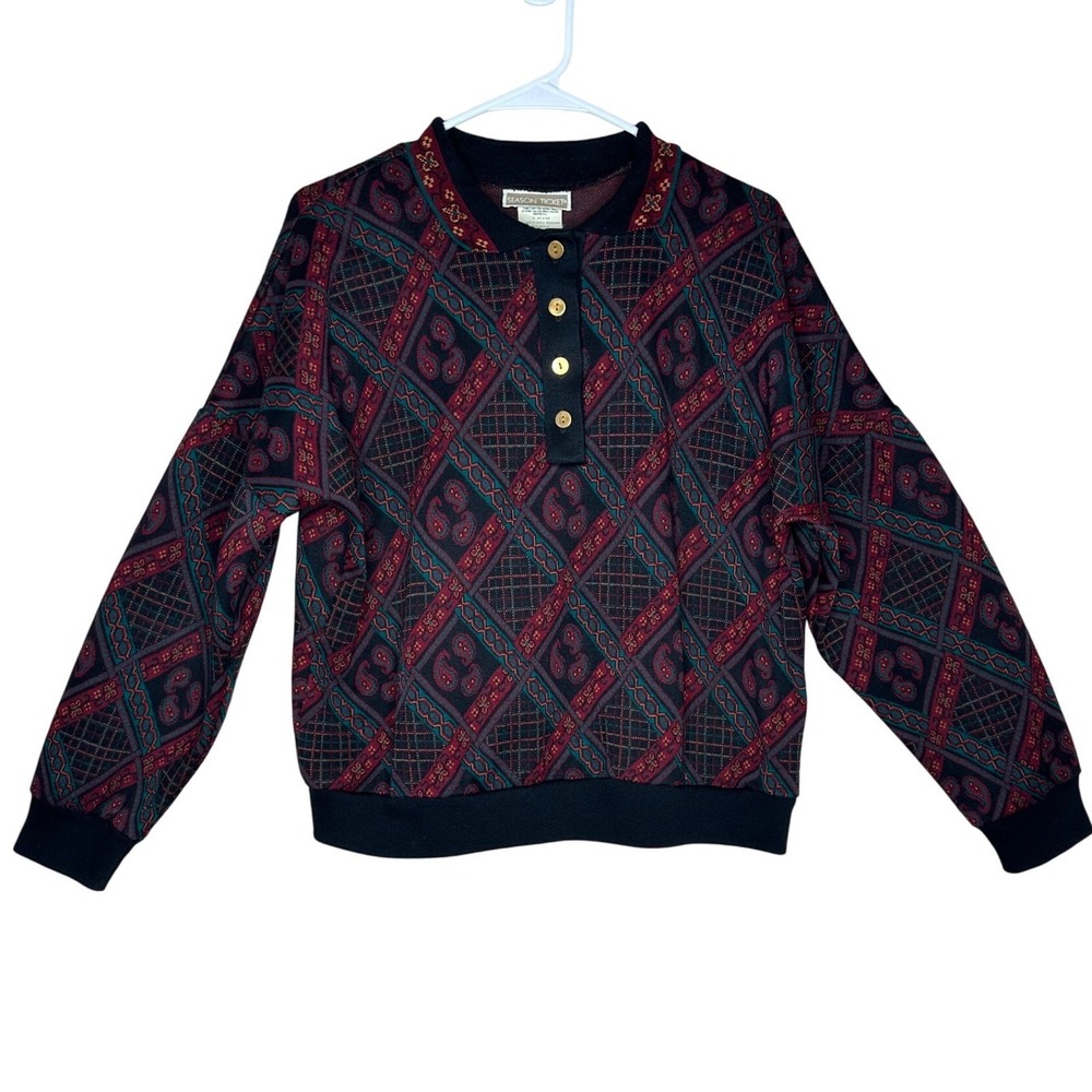 VTG Season Ticket Paisley Diamond Henley Whimsical Sweater SZ L Made in USA 90s